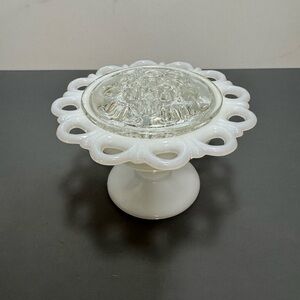 Vintage White Milk Glass Lace Edge Pedestal Compote Vase With Clear Flower Frog